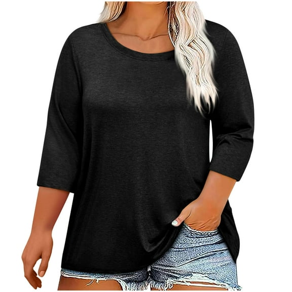 Plus Size Shirt 3/4 Sleeve Women's T-Shirt Summer Basic Tops Casual Pullover Tops Crew Neck Shirt 2025 Trendy