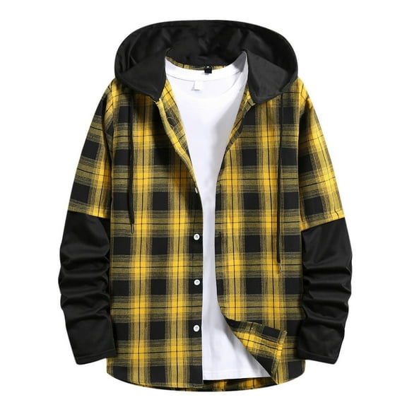 Plus Size Shirt Jackets for Mens Long Sleeve Hooded Pattern Windbreakerwith Pockets Lightweight Fashion Jackets Basic Shirts Gifts for Men Yellow XL