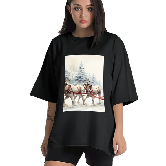Plus Size Shirt for Women Black Tops for Women Oversized Short Sleeves Shirt for Women Santa Claus And Reindeer 6 T Shirt Crewneck Shirt for Women 3XL