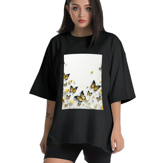 Plus Size Shirt for Women Black Tops for Women Short Sleeves Shirt for Women Little Hearts, With Yellow Butterflies2 T Shirt Crewneck Shirt for Women XL