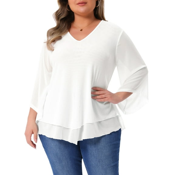 Agnes Orinda Plus Size Shirt for Women 3/4 Bell Sleeve V Neck Double Layers Chiffon Blouse Top 3X White