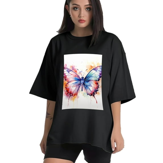 Plus Size Shirt for Women Black Tops for Women Oversized Short Sleeves Shirt for Women Butterflie T Shirt Crewneck Shirt for Women XL