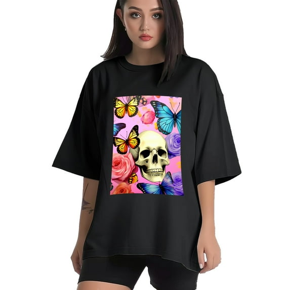 Plus Size Shirt for Women Black Tops for Women Oversized Short Sleeves Shirt for Women Butterfly And Skeleton T Shirt Crewneck Shirt for Women L