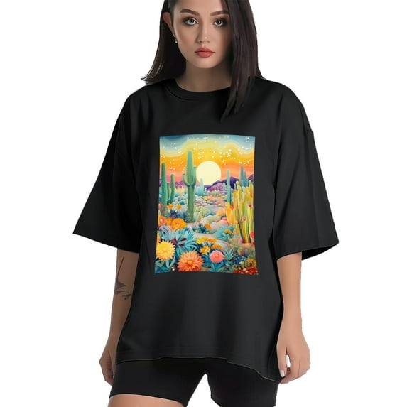 Plus Size Shirt for Women Black Tops for Women Oversized Short Sleeves Shirt for Women Cactus Plants T Shirt Crewneck Shirt for Women 3XL