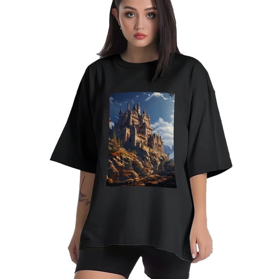 Plus Size Shirt for Women Black Tops for Women Oversized Short Sleeves Shirt for Women Castle (81) T Shirt Crewneck Shirt for Women L