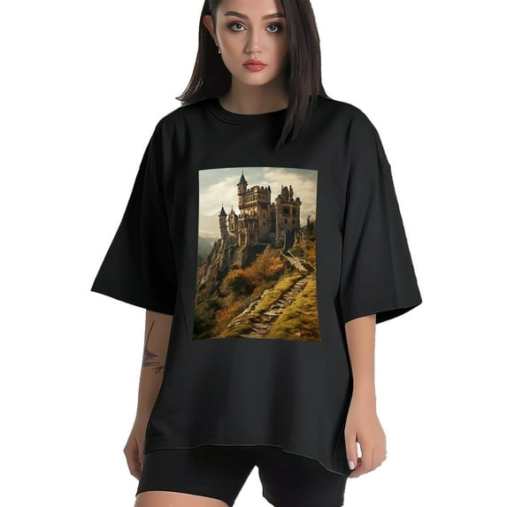 Plus Size Shirt for Women Black Tops for Women Oversized Short Sleeves Shirt for Women Castle (93) T Shirt Crewneck Shirt for Women 3XL