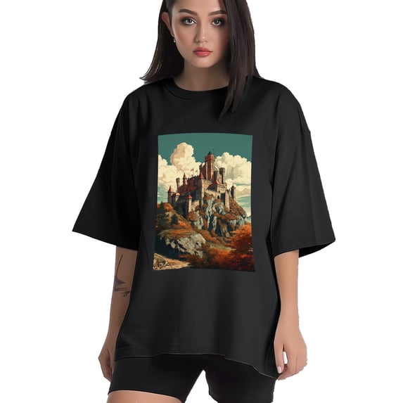 Plus Size Shirt for Women Black Tops for Women Oversized Short Sleeves Shirt for Women Castle (99) T Shirt Crewneck Shirt for Women L