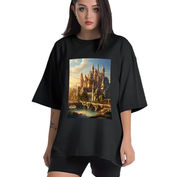 Plus Size Shirt for Women Black Tops for Women Oversized Short Sleeves Shirt for Women Castle T Shirt Crewneck Shirt for Women XL