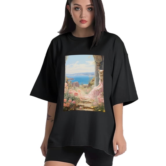 Plus Size Shirt for Women Black Tops for Women Oversized Short Sleeves Shirt for Women Cat 003 T Shirt Crewneck Shirt for Women 3XL