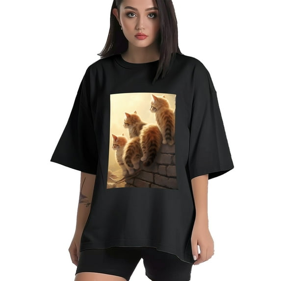 Plus Size Shirt for Women Black Tops for Women Oversized Short Sleeves Shirt for Women Cats T Shirt Crewneck Shirt for Women L