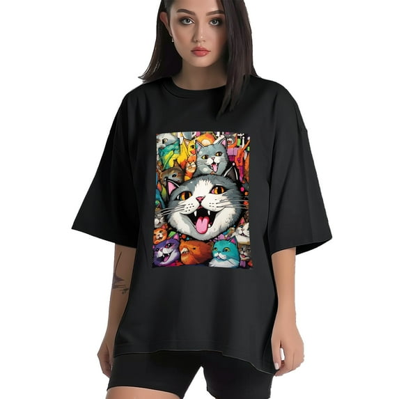 Plus Size Shirt for Women Black Tops for Women Oversized Short Sleeves Shirt for Women Cats T Shirt Crewneck Shirt for Women L