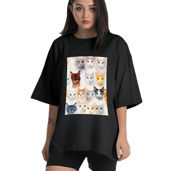 Plus Size Shirt for Women Black Tops for Women Oversized Short Sleeves Shirt for Women Cats T Shirt Crewneck Shirt for Women L