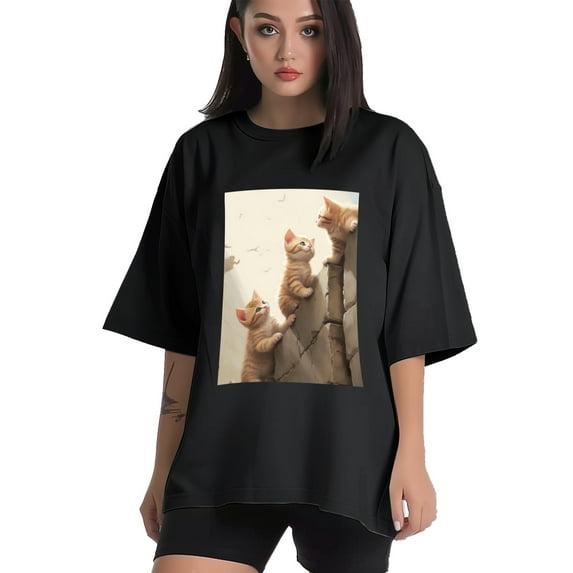 Plus Size Shirt for Women Black Tops for Women Oversized Short Sleeves Shirt for Women Cats T Shirt Crewneck Shirt for Women L