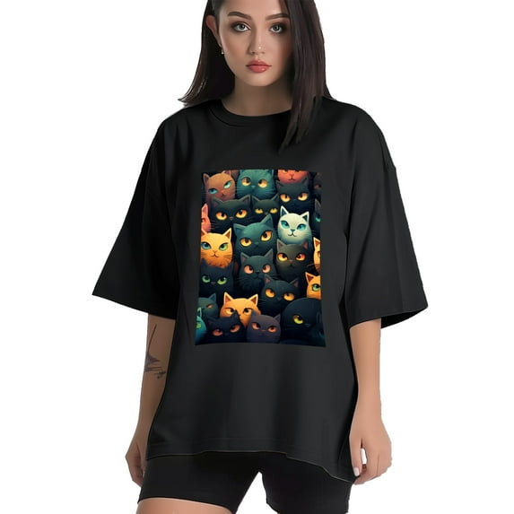 Plus Size Shirt for Women Black Tops for Women Oversized Short Sleeves Shirt for Women Cats T Shirt Crewneck Shirt for Women XL