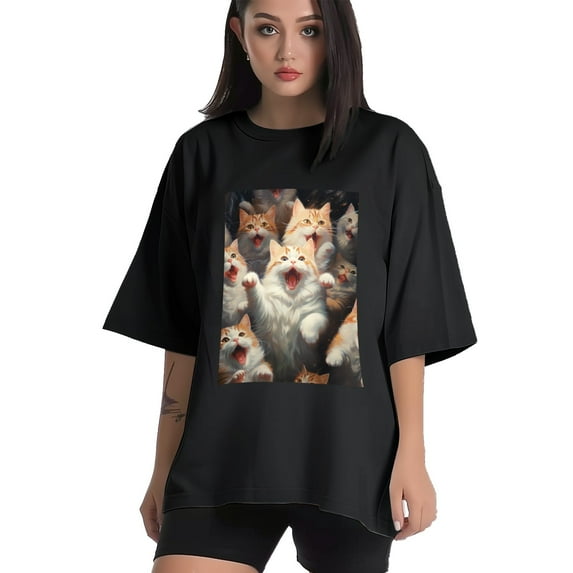 Plus Size Shirt for Women Black Tops for Women Oversized Short Sleeves Shirt for Women Cats T Shirt Crewneck Shirt for Women XL