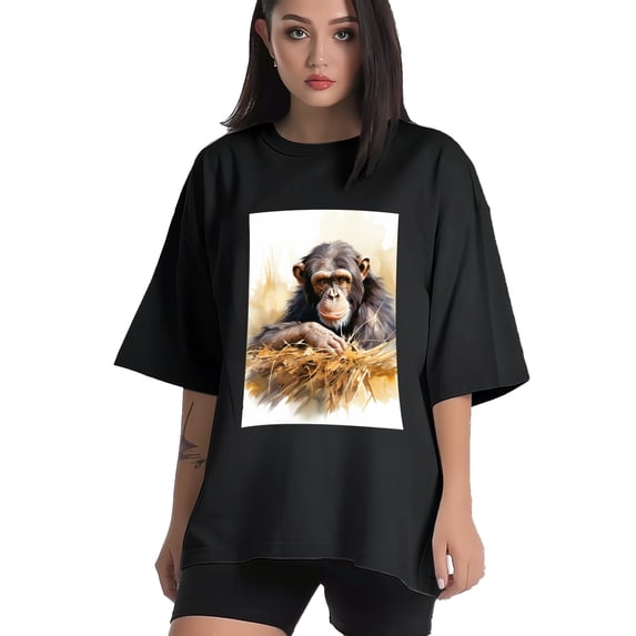 Plus Size Shirt for Women Black Tops for Women Oversized Short Sleeves Shirt for Women Chimpanzee T Shirt Crewneck Shirt for Women L