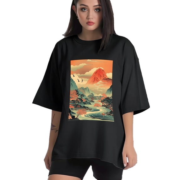 Plus Size Shirt for Women Black Tops for Women Oversized Short Sleeves Shirt for Women Chinese Landscape6 T Shirt Crewneck Shirt for Women L