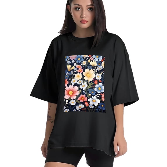 Plus Size Shirt for Women Black Tops for Women Oversized Short Sleeves Shirt for Women Color Small Flowers2 T Shirt Crewneck Shirt for Women 3XL