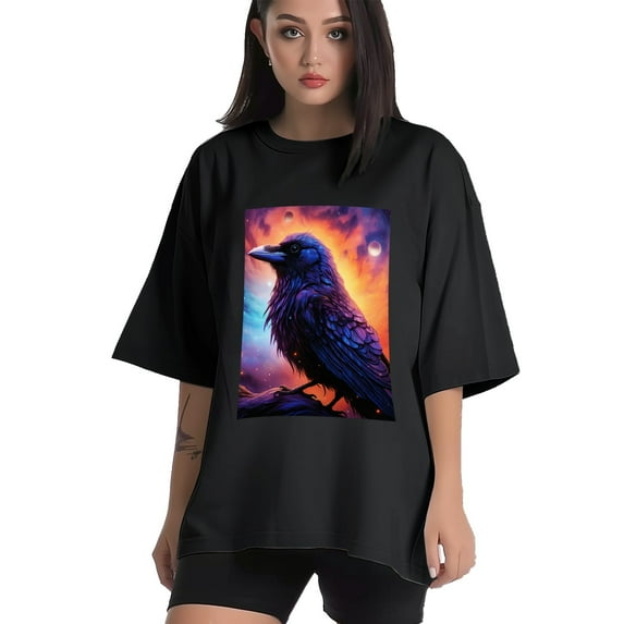 Plus Size Shirt for Women Black Tops for Women Oversized Short Sleeves Shirt for Women Crow T Shirt Crewneck Shirt for Women L