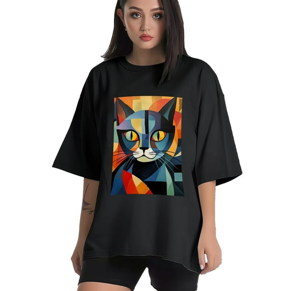 Plus Size Shirt for Women Black Tops for Women Oversized Short Sleeves Shirt for Women Cubist Style Cat T Shirt Crewneck Shirt for Women L