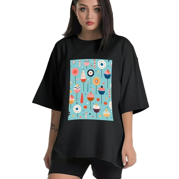 Plus Size Shirt for Women Black Tops for Women Oversized Short Sleeves Shirt for Women Cupcakes1 T Shirt Crewneck Shirt for Women 3XL