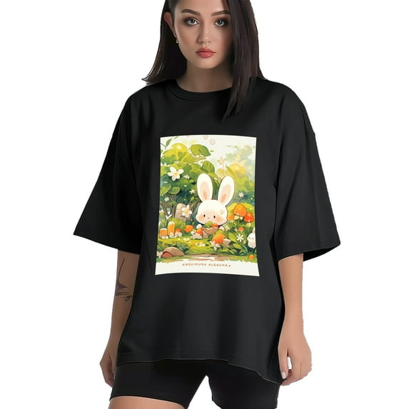 Plus Size Shirt for Women Black Tops for Women Oversized Short Sleeves Shirt for Women Cute Rabbit5 T Shirt Crewneck Shirt for Women L