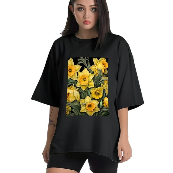 Plus Size Shirt for Women Black Tops for Women Oversized Short Sleeves Shirt for Women Daffodil3 T Shirt Crewneck Shirt for Women 3XL