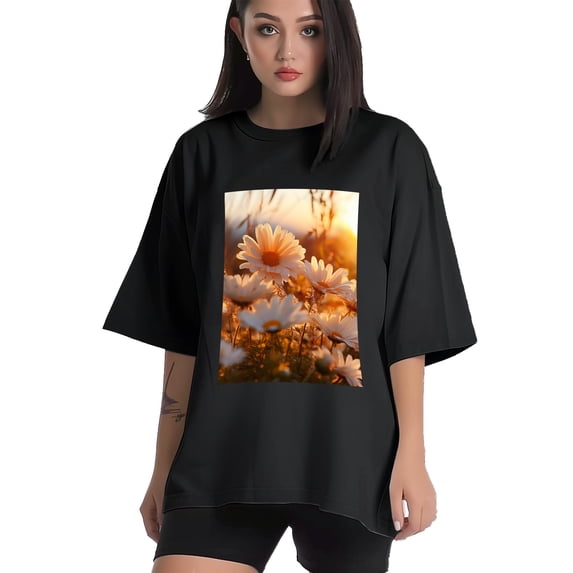 Plus Size Shirt for Women Black Tops for Women Oversized Short Sleeves Shirt for Women Daisies3 T Shirt Crewneck Shirt for Women 3XL