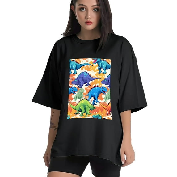 Plus Size Shirt for Women Black Tops for Women Oversized Short Sleeves Shirt for Women Dinosaur T Shirt Crewneck Shirt for Women XL
