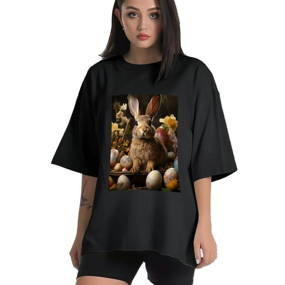 Plus Size Shirt for Women Black Tops for Women Oversized Short Sleeves Shirt for Women Easter T Shirt Crewneck Shirt for Women L