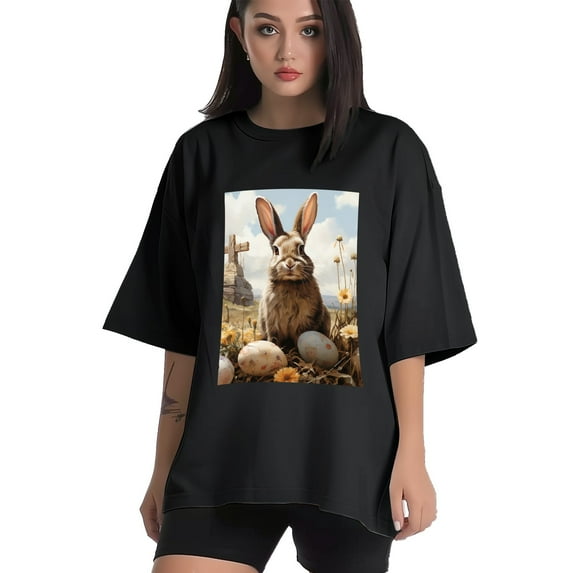 Plus Size Shirt for Women Black Tops for Women Oversized Short Sleeves Shirt for Women Easter T Shirt Crewneck Shirt for Women XL