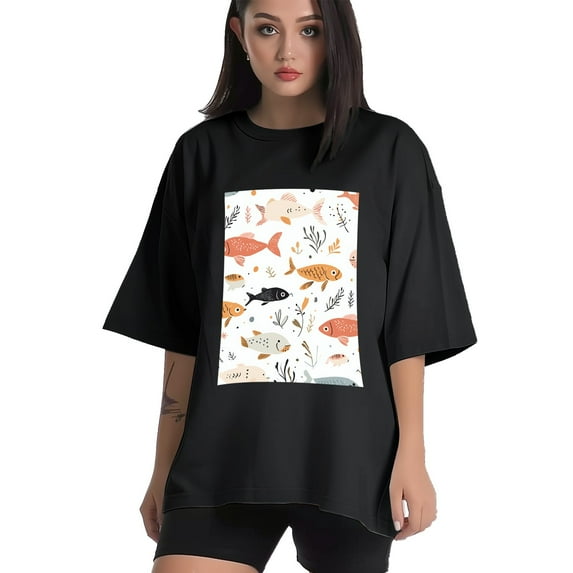 Plus Size Shirt for Women Black Tops for Women Oversized Short Sleeves Shirt for Women Fish T Shirt Crewneck Shirt for Women XL