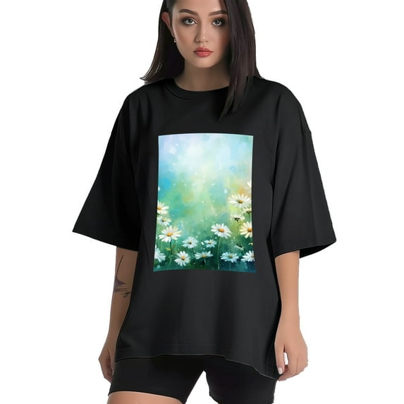Plus Size Shirt for Women Black Tops for Women Oversized Short Sleeves Shirt for Women Flower 18 T Shirt Crewneck Shirt for Women L