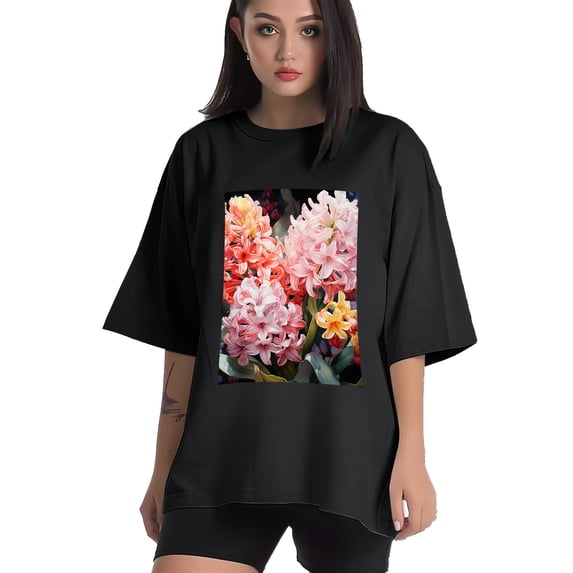 Plus Size Shirt for Women Black Tops for Women Oversized Short Sleeves Shirt for Women Flower T Shirt Crewneck Shirt for Women XL