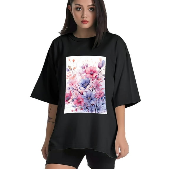 Plus Size Shirt for Women Black Tops for Women Oversized Short Sleeves Shirt for Women Flower4 T Shirt Crewneck Shirt for Women L
