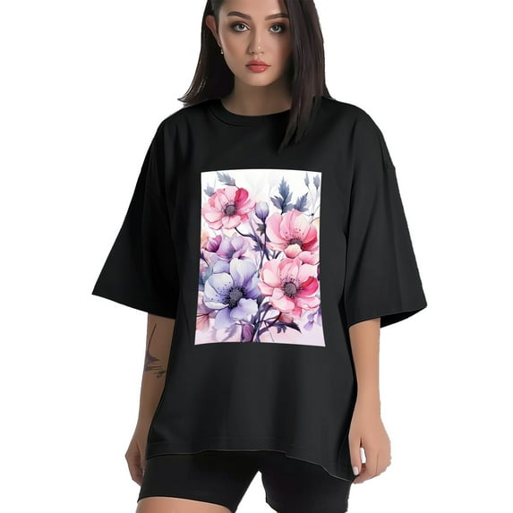 Plus Size Shirt for Women Black Tops for Women Oversized Short Sleeves Shirt for Women Flower6 T Shirt Crewneck Shirt for Women L