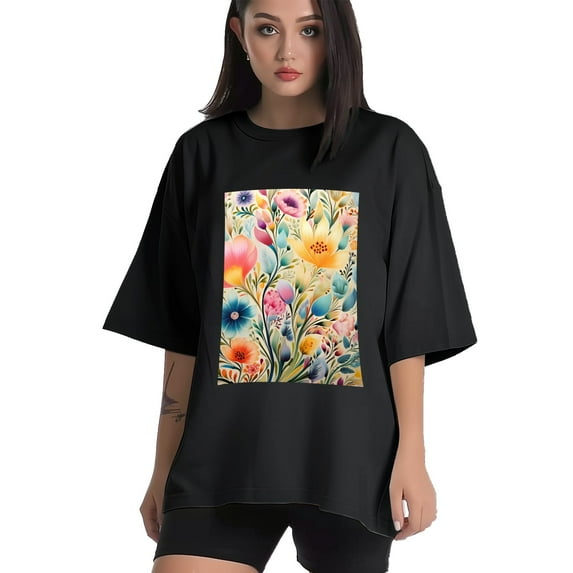 Plus Size Shirt for Women Black Tops for Women Oversized Short Sleeves Shirt for Women Flowers T Shirt Crewneck Shirt for Women L