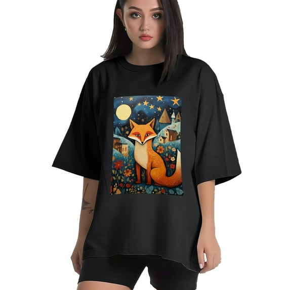 Plus Size Shirt for Women Black Tops for Women Oversized Short Sleeves Shirt for Women Fox T Shirt Crewneck Shirt for Women L