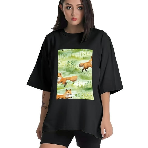 Plus Size Shirt for Women Black Tops for Women Oversized Short Sleeves Shirt for Women Fox T Shirt Crewneck Shirt for Women L