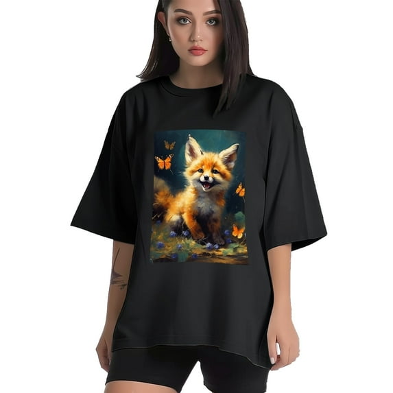 Plus Size Shirt for Women Black Tops for Women Oversized Short Sleeves Shirt for Women Fox T Shirt Crewneck Shirt for Women XL