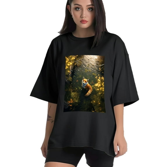 Plus Size Shirt for Women Black Tops for Women Oversized Short Sleeves Shirt for Women Fox T Shirt Crewneck Shirt for Women XL