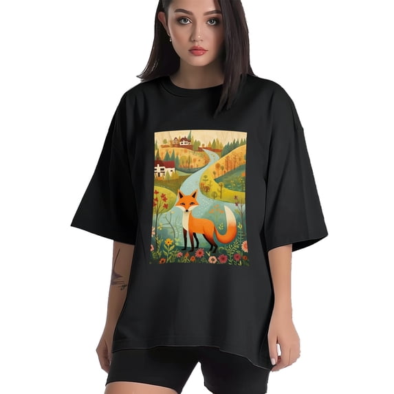 Plus Size Shirt for Women Black Tops for Women Oversized Short Sleeves Shirt for Women Fox T Shirt Crewneck Shirt for Women XL