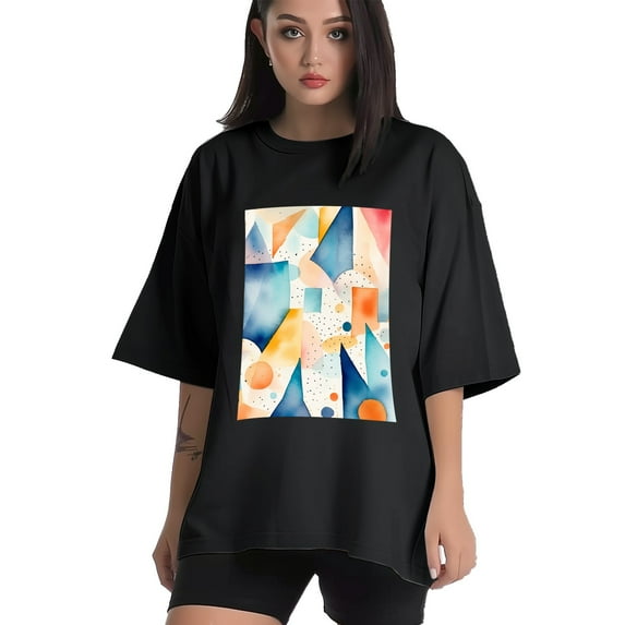 Plus Size Shirt for Women Black Tops for Women Oversized Short Sleeves Shirt for Women Geometric Pictures 3 T Shirt Crewneck Shirt for Women 3XL
