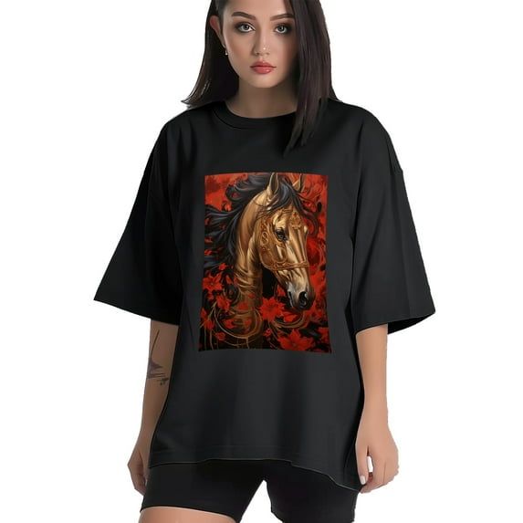 Plus Size Shirt for Women Black Tops for Women Oversized Short Sleeves Shirt for Women Gold Arabian Horse 1 T Shirt Crewneck Shirt for Women 3XL