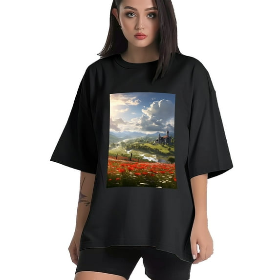 Plus Size Shirt for Women Black Tops for Women Oversized Short Sleeves Shirt for Women Green Valley2 T Shirt Crewneck Shirt for Women L