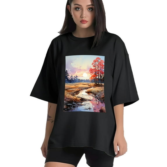 Plus Size Shirt for Women Black Tops for Women Oversized Short Sleeves Shirt for Women Landscape3 T Shirt Crewneck Shirt for Women L