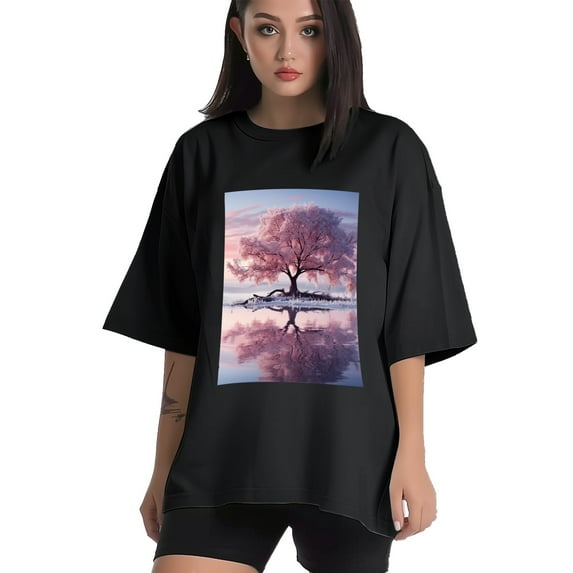 Plus Size Shirt for Women Black Tops for Women Oversized Short Sleeves Shirt for Women Landscapes1 T Shirt Crewneck Shirt for Women L