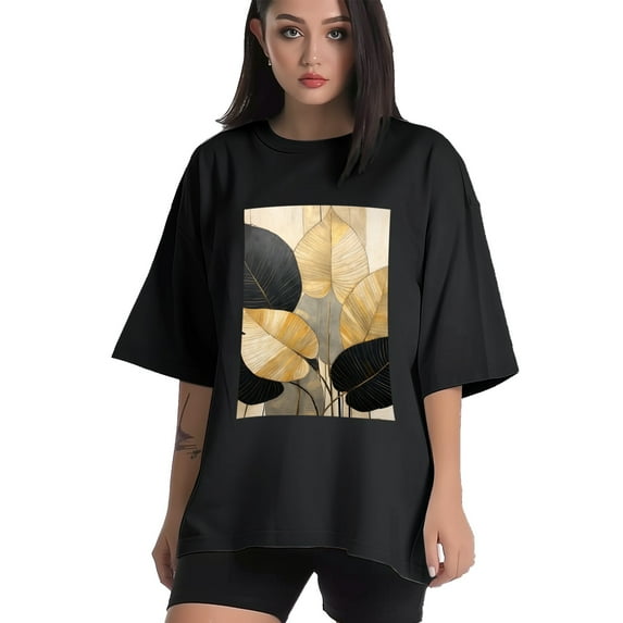 Plus Size Shirt for Women Black Tops for Women Oversized Short Sleeves Shirt for Women Leaf T Shirt Crewneck Shirt for Women L