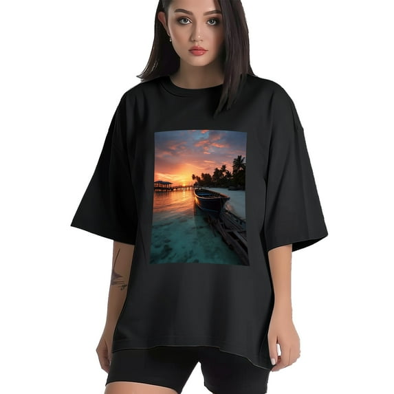Plus Size Shirt for Women Black Tops for Women Oversized Short Sleeves Shirt for Women Maldives T Shirt Crewneck Shirt for Women 3XL