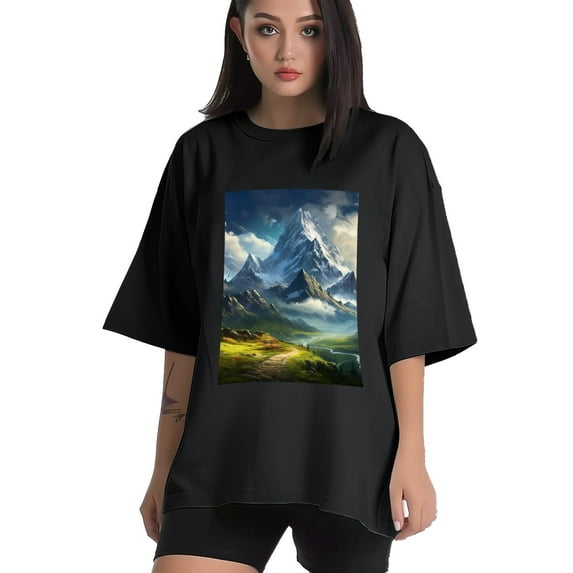 Plus Size Shirt for Women Black Tops for Women Oversized Short Sleeves Shirt for Women Mountainous (17) T Shirt Crewneck Shirt for Women 3XL